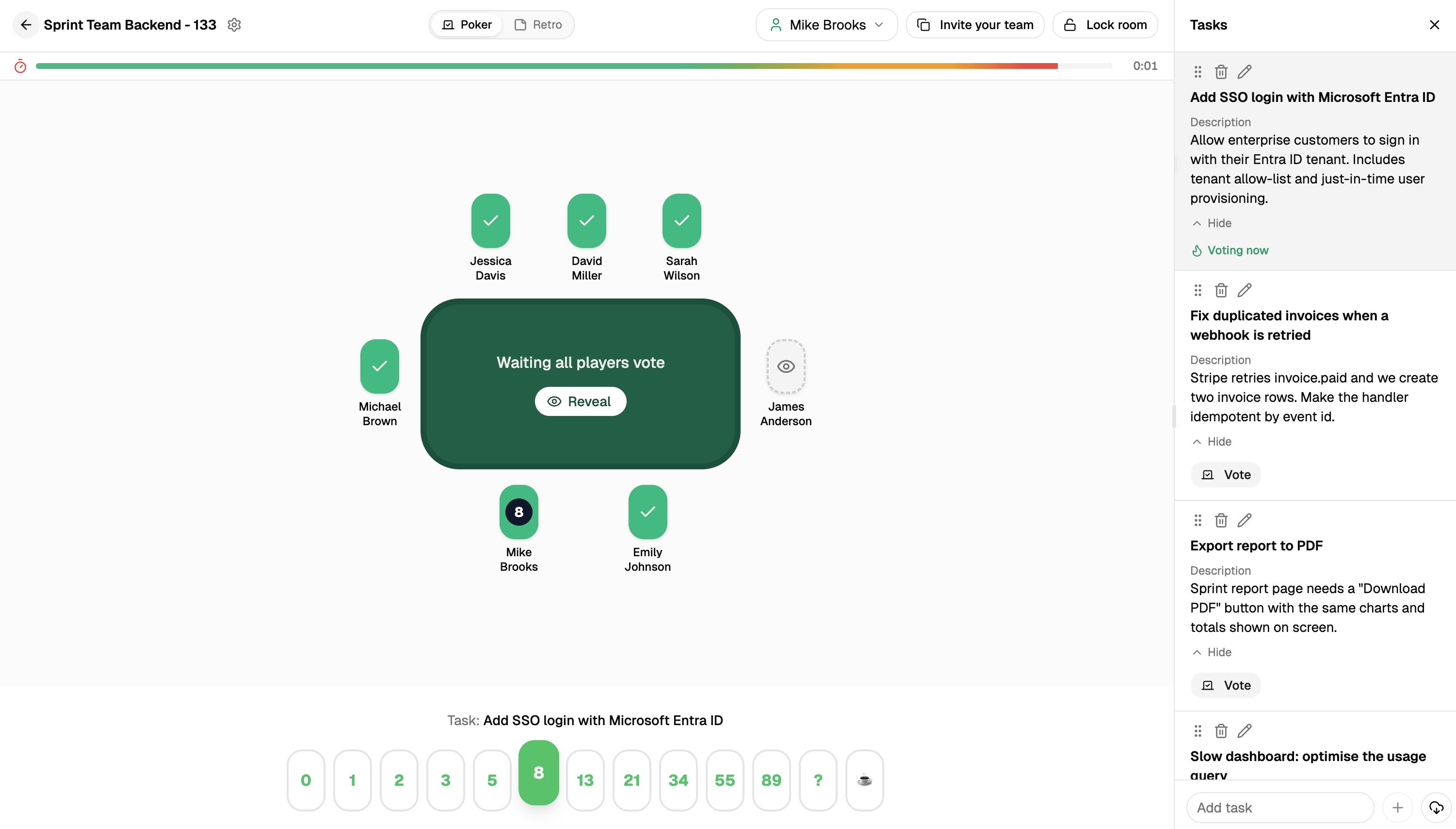 A Planning Poker Web room: the team votes on a task and the cards are revealed together.